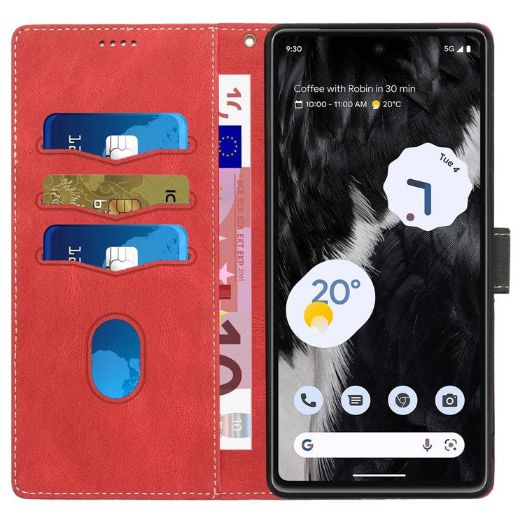 For Google Pixel 7 Pro 5G Grid Splicing Wallet Flip Case PU Leather Magnetic Closure Stand Phone Cover with Strap - Red