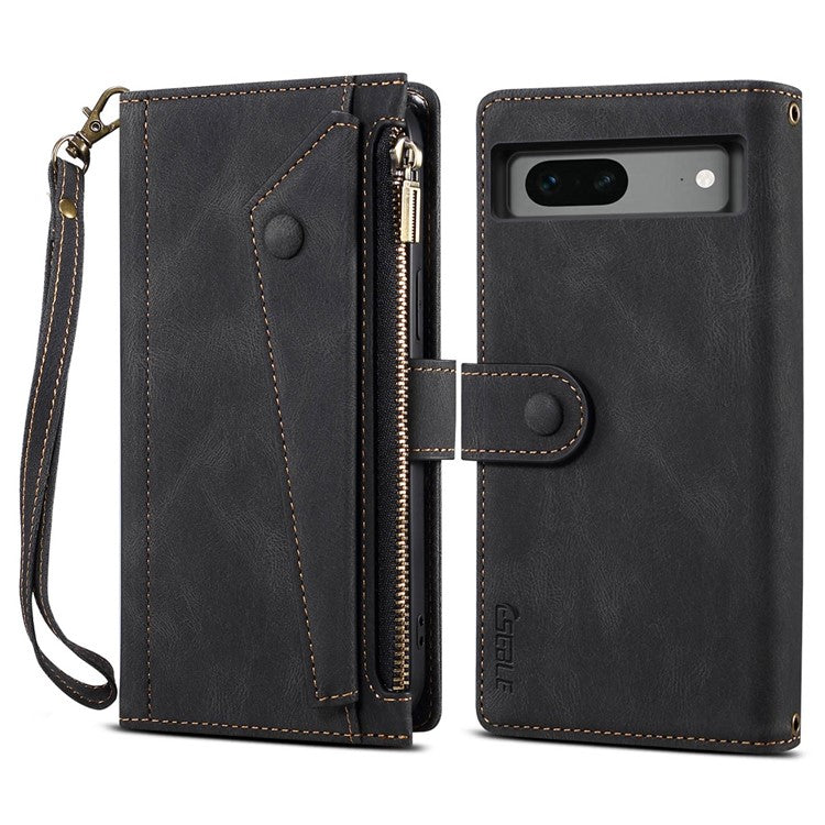 ESEBLE Star Series Wallet Phone Case for Google Pixel 7 5G, PU Leather Multi-functional Card Slots Zipper Pocket Stand Flip Cover with Hand Strap - Black