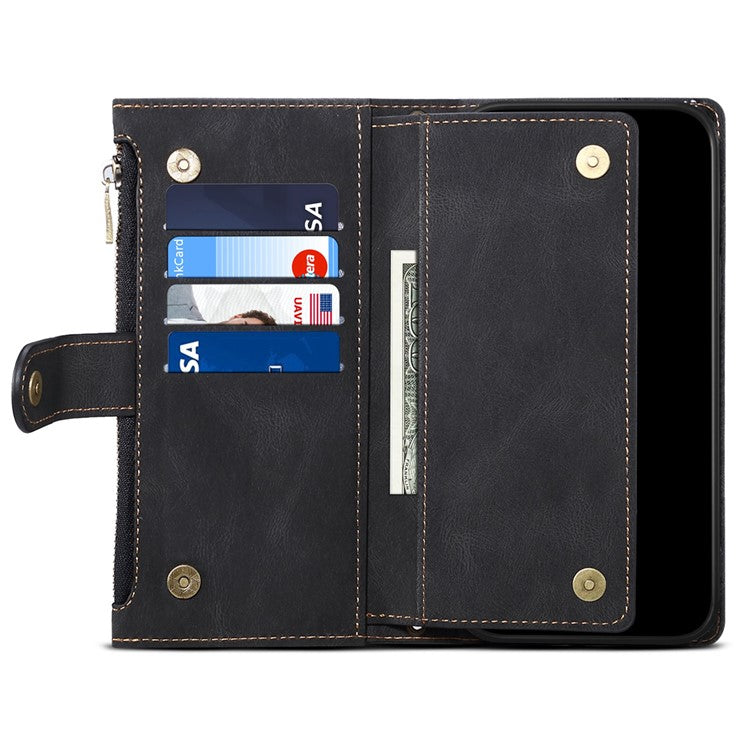 ESEBLE Star Series Wallet Phone Case for Google Pixel 7 5G, PU Leather Multi-functional Card Slots Zipper Pocket Stand Flip Cover with Hand Strap - Black