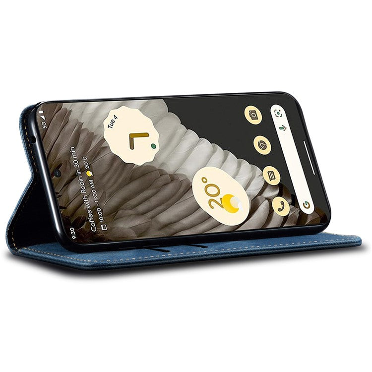 For Google Pixel 7 5G Jeans Cloth Texture PU Leather Wallet Phone Case Stand Magnetic Auto-absorbed Protective Cover - Blue