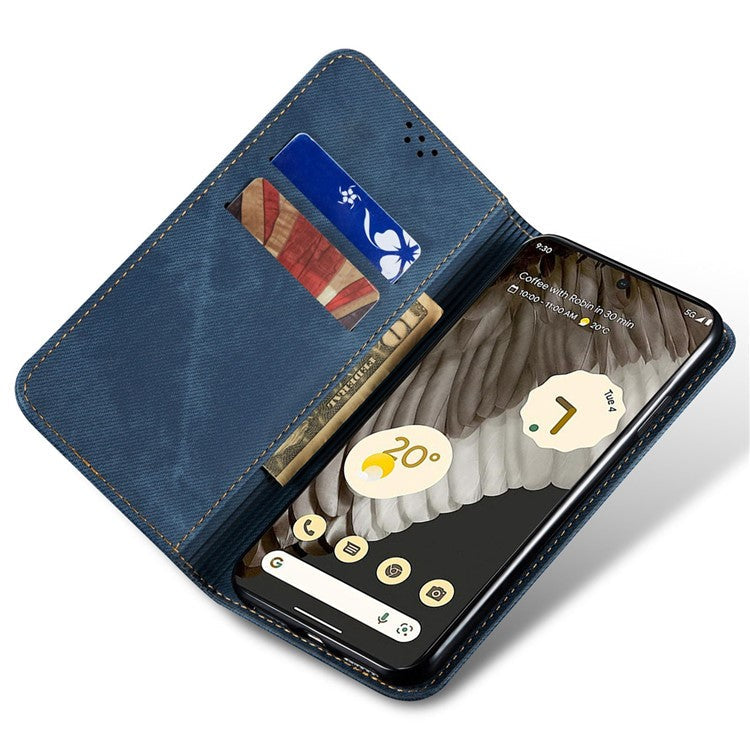 For Google Pixel 7 5G Jeans Cloth Texture PU Leather Wallet Phone Case Stand Magnetic Auto-absorbed Protective Cover - Blue