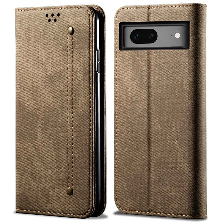 For Google Pixel 7 5G Jeans Cloth Texture PU Leather Wallet Phone Case Stand Magnetic Auto-absorbed Protective Cover - Khaki