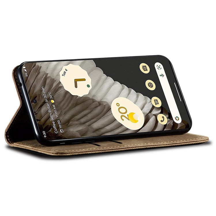 For Google Pixel 7 5G Jeans Cloth Texture PU Leather Wallet Phone Case Stand Magnetic Auto-absorbed Protective Cover - Khaki