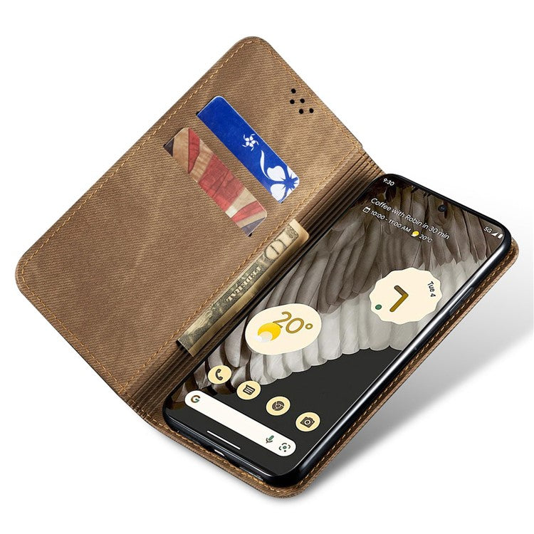 For Google Pixel 7 5G Jeans Cloth Texture PU Leather Wallet Phone Case Stand Magnetic Auto-absorbed Protective Cover - Khaki