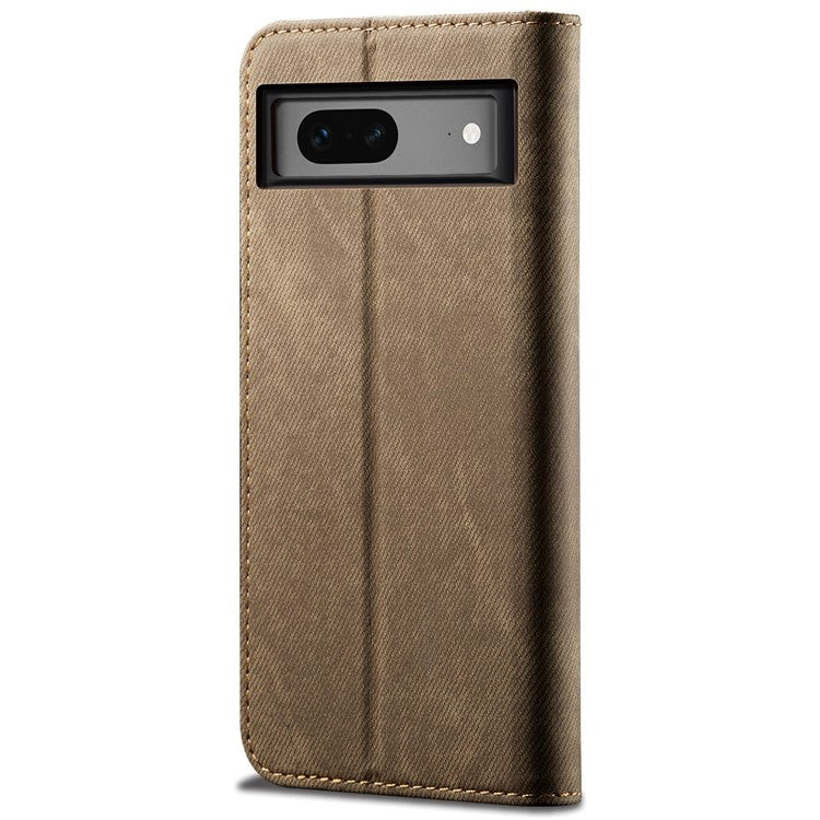 For Google Pixel 7 5G Jeans Cloth Texture PU Leather Wallet Phone Case Stand Magnetic Auto-absorbed Protective Cover - Khaki
