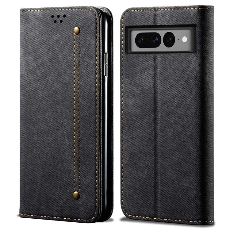 For Google Pixel 7 Pro 5G Jeans Cloth Texture PU Leather Phone Case Stand Magnetic Absorption Wallet Flip Cover - Black