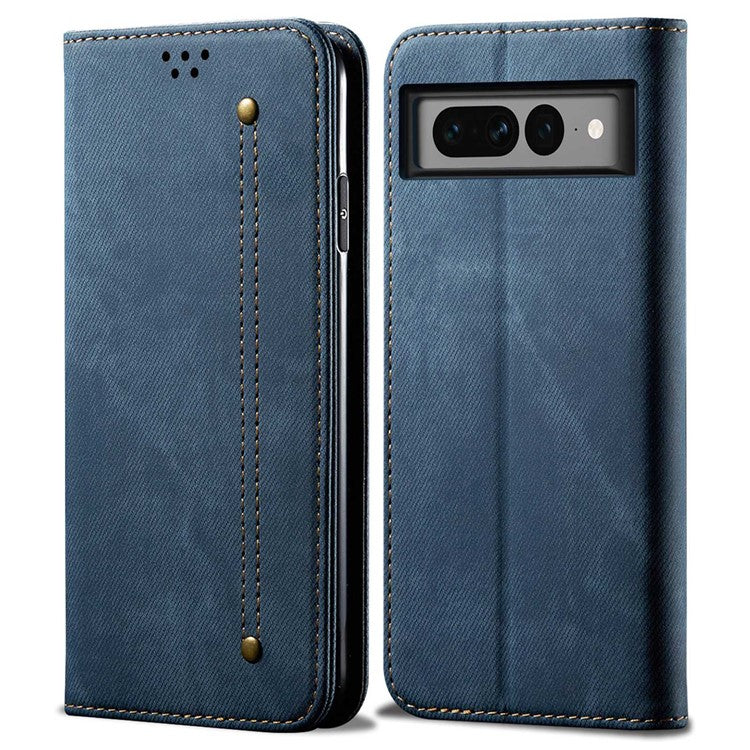 For Google Pixel 7 Pro 5G Jeans Cloth Texture PU Leather Phone Case Stand Magnetic Absorption Wallet Flip Cover - Blue