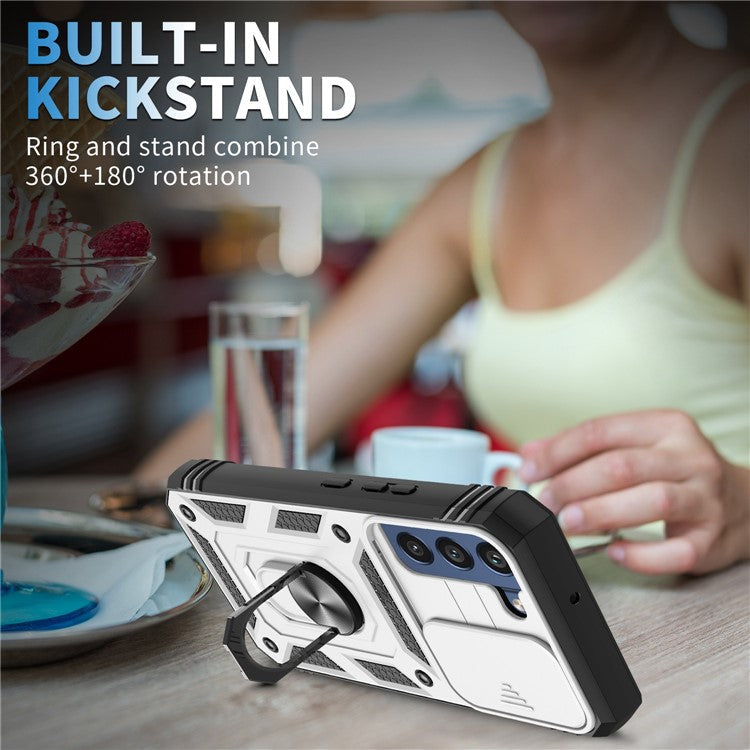 For Samsung Galaxy S21 FE 5G Anti-scratch Phone Case Card Holder with Sliding Camera Lid Kickstand PC+TPU Protective Back Cover - Black / White