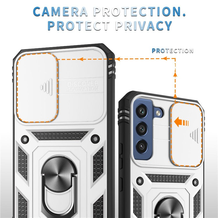 For Samsung Galaxy S21 FE 5G Anti-scratch Phone Case Card Holder with Sliding Camera Lid Kickstand PC+TPU Protective Back Cover - Black / White