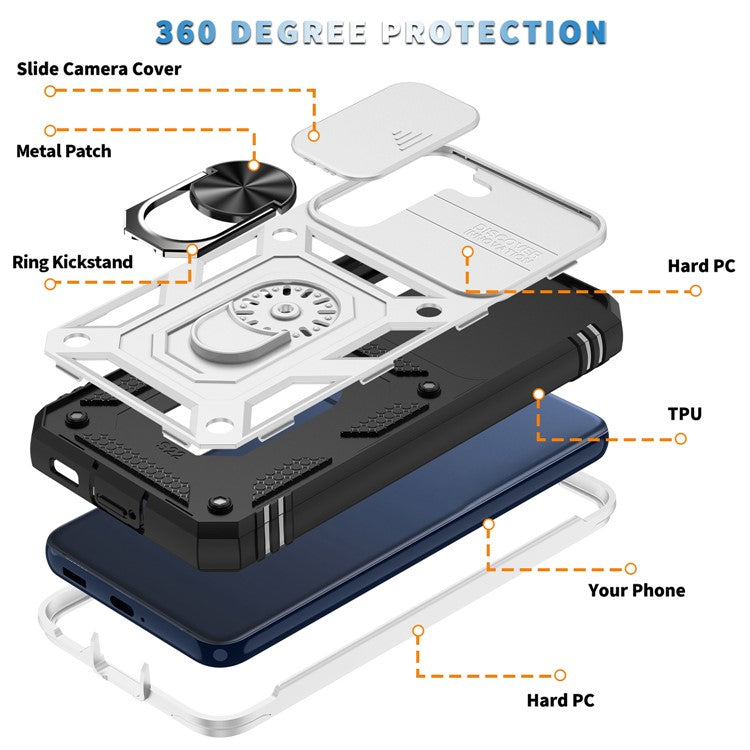 For Samsung Galaxy S21 FE 5G Anti-scratch Phone Case Card Holder with Sliding Camera Lid Kickstand PC+TPU Protective Back Cover - Black / White