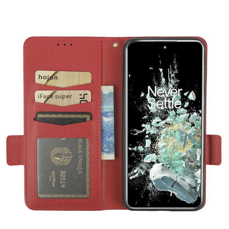 Litchi Texture Phone Case for OnePlus 10T 5G / Ace Pro 5G, Stand Wallet PU Leather Magnetic Clasp Folio Flip Protective Cover - Red