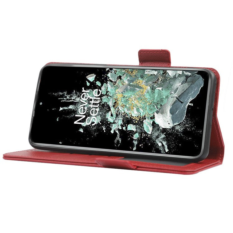 Litchi Texture Phone Case for OnePlus 10T 5G / Ace Pro 5G, Stand Wallet PU Leather Magnetic Clasp Folio Flip Protective Cover - Red