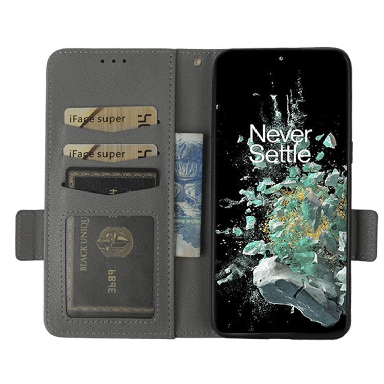 Litchi Texture Phone Case for OnePlus 10T 5G / Ace Pro 5G, Stand Wallet PU Leather Magnetic Clasp Folio Flip Protective Cover - Grey