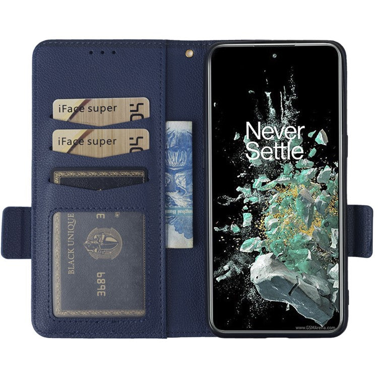 Litchi Texture Phone Case for OnePlus 10T 5G / Ace Pro 5G, Stand Wallet PU Leather Magnetic Clasp Folio Flip Protective Cover - Dark Blue