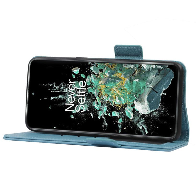 Litchi Texture Phone Case for OnePlus 10T 5G / Ace Pro 5G, Stand Wallet PU Leather Magnetic Clasp Folio Flip Protective Cover - Baby Blue