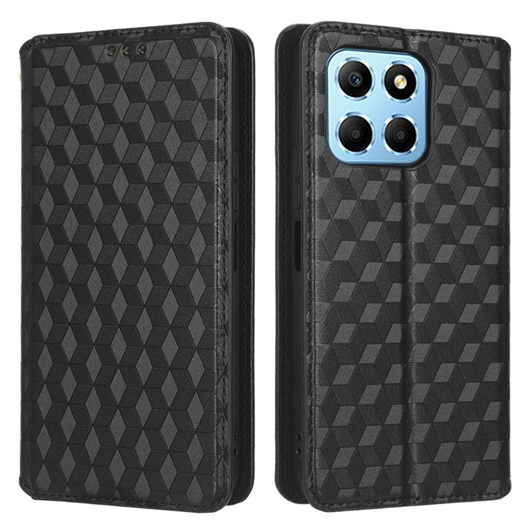 For Honor 70 Lite 5G / X6 4G / Honor Play6C / X8 5G Rhombus Pattern Imprinted Magnetic Closure Phone Cover PU Leather Flip Wallet Stand Drop-proof Phone Case - Black