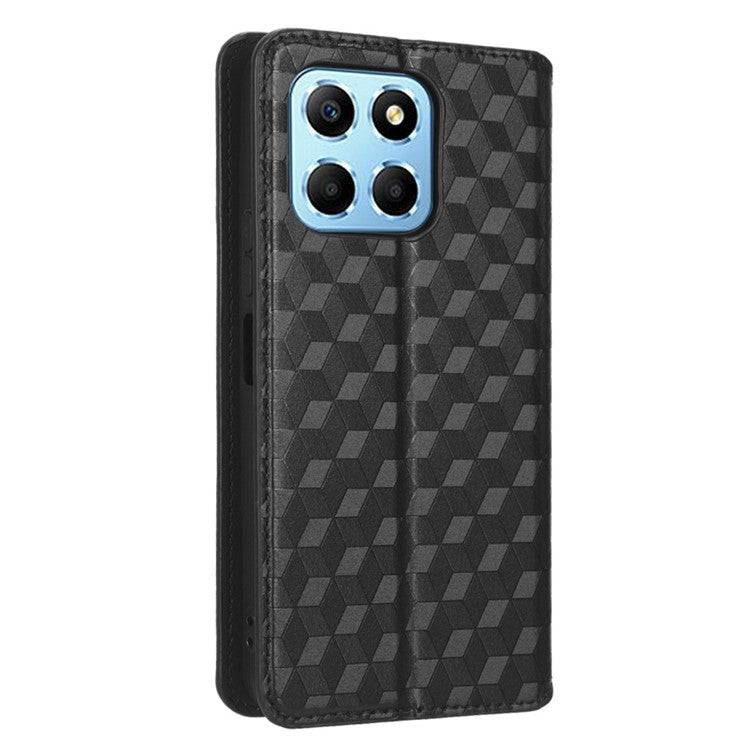 For Honor 70 Lite 5G / X6 4G / Honor Play6C / X8 5G Rhombus Pattern Imprinted Magnetic Closure Phone Cover PU Leather Flip Wallet Stand Drop-proof Phone Case - Black