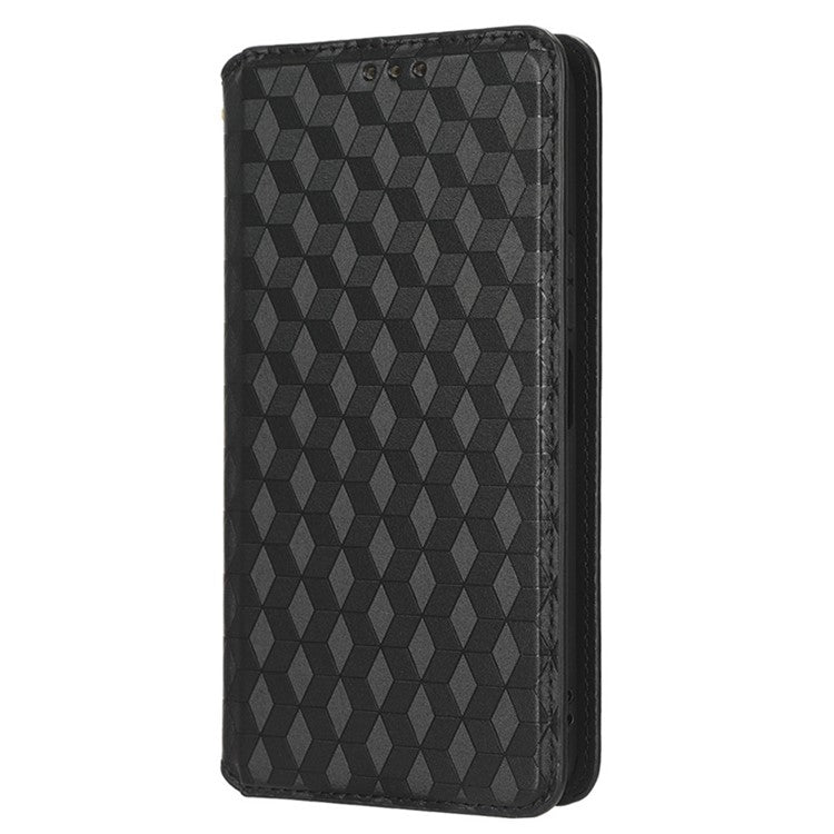 For Honor 70 Lite 5G / X6 4G / Honor Play6C / X8 5G Rhombus Pattern Imprinted Magnetic Closure Phone Cover PU Leather Flip Wallet Stand Drop-proof Phone Case - Black