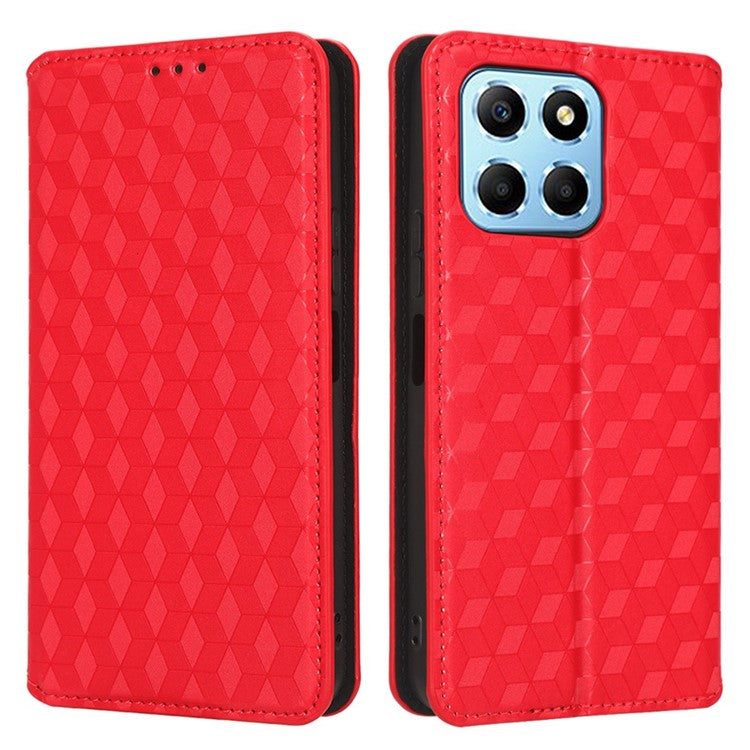 For Honor 70 Lite 5G / X6 4G / Honor Play6C / X8 5G Rhombus Pattern Imprinted Magnetic Closure Phone Cover PU Leather Flip Wallet Stand Drop-proof Phone Case - Red