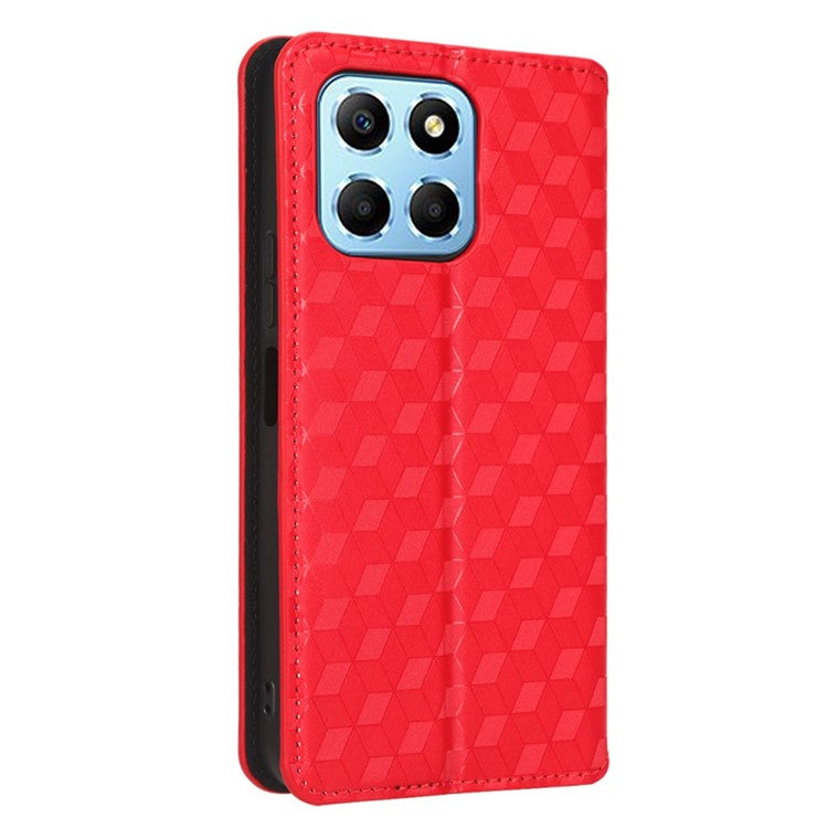 For Honor 70 Lite 5G / X6 4G / Honor Play6C / X8 5G Rhombus Pattern Imprinted Magnetic Closure Phone Cover PU Leather Flip Wallet Stand Drop-proof Phone Case - Red