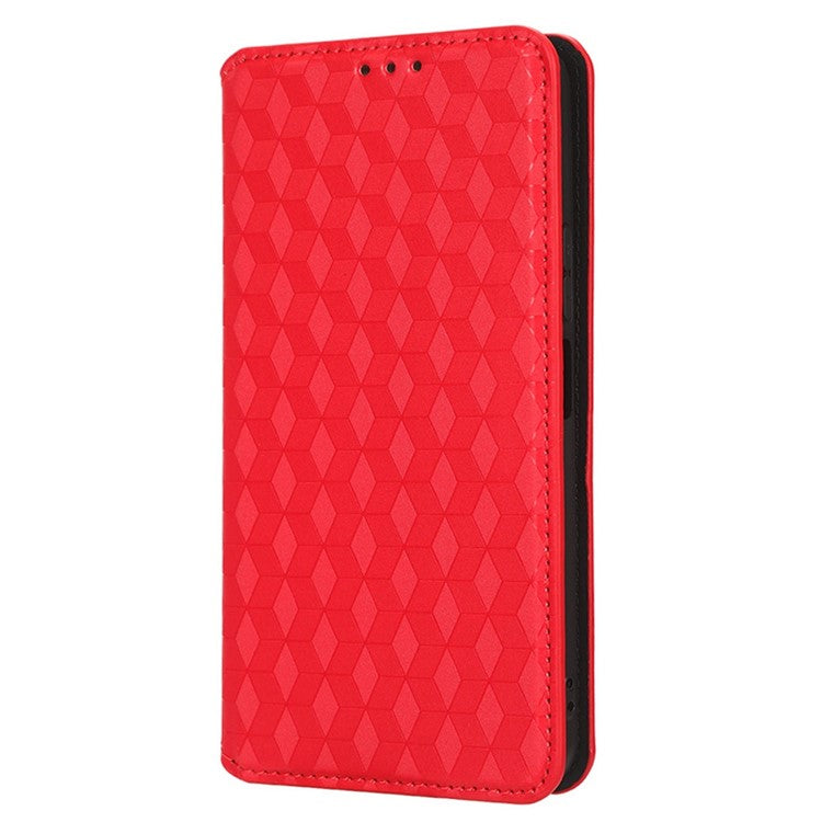 For Honor 70 Lite 5G / X6 4G / Honor Play6C / X8 5G Rhombus Pattern Imprinted Magnetic Closure Phone Cover PU Leather Flip Wallet Stand Drop-proof Phone Case - Red