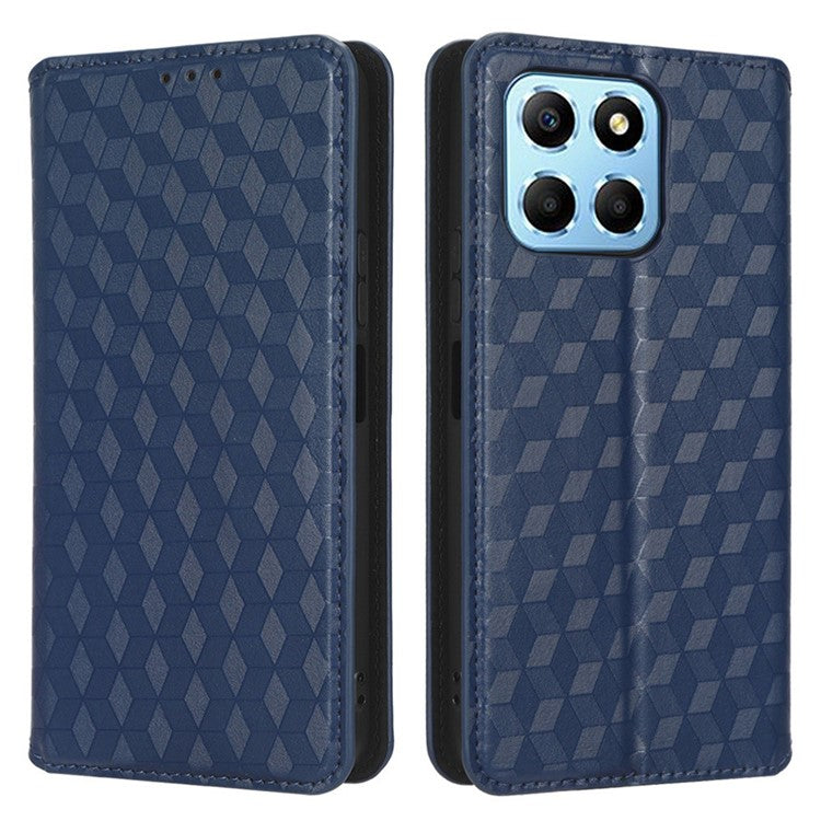 For Honor 70 Lite 5G / X6 4G / Honor Play6C / X8 5G Rhombus Pattern Imprinted Magnetic Closure Phone Cover PU Leather Flip Wallet Stand Drop-proof Phone Case - Blue
