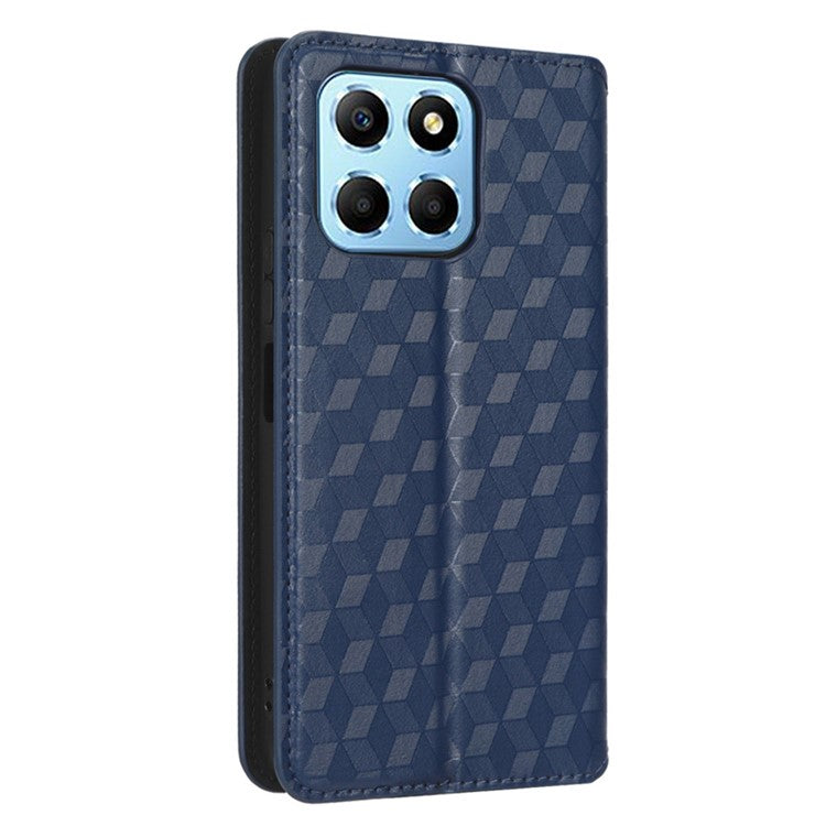 For Honor 70 Lite 5G / X6 4G / Honor Play6C / X8 5G Rhombus Pattern Imprinted Magnetic Closure Phone Cover PU Leather Flip Wallet Stand Drop-proof Phone Case - Blue
