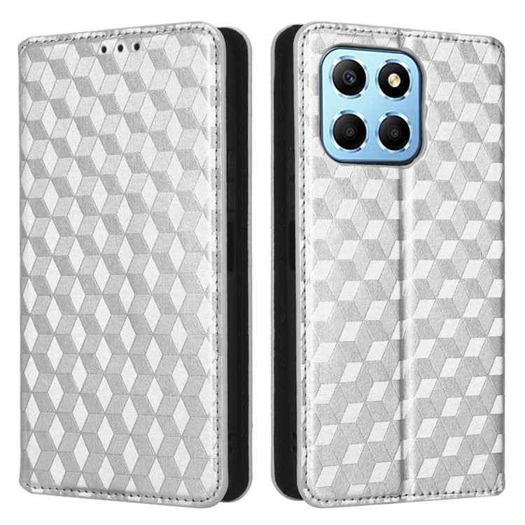 For Honor 70 Lite 5G / X6 4G / Honor Play6C / X8 5G Rhombus Pattern Imprinted Magnetic Closure Phone Cover PU Leather Flip Wallet Stand Drop-proof Phone Case - Silver