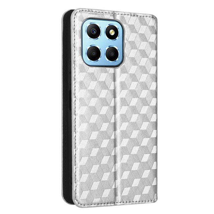 For Honor 70 Lite 5G / X6 4G / Honor Play6C / X8 5G Rhombus Pattern Imprinted Magnetic Closure Phone Cover PU Leather Flip Wallet Stand Drop-proof Phone Case - Silver
