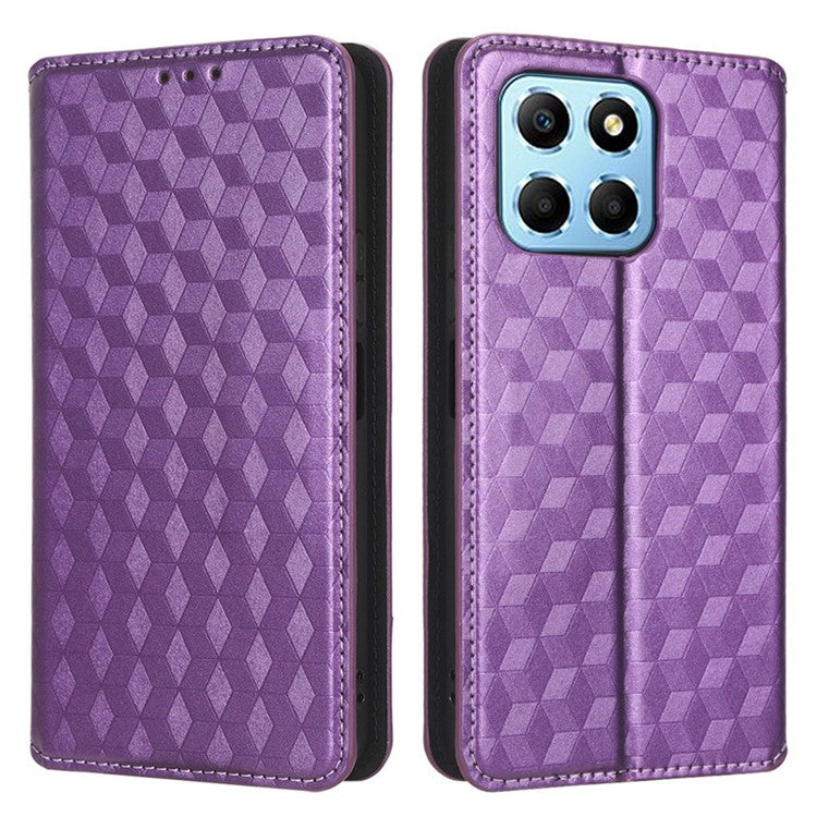 For Honor 70 Lite 5G / X6 4G / Honor Play6C / X8 5G Rhombus Pattern Imprinted Magnetic Closure Phone Cover PU Leather Flip Wallet Stand Drop-proof Phone Case - Purple