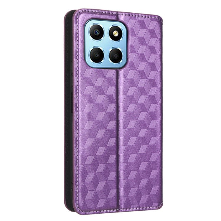 For Honor 70 Lite 5G / X6 4G / Honor Play6C / X8 5G Rhombus Pattern Imprinted Magnetic Closure Phone Cover PU Leather Flip Wallet Stand Drop-proof Phone Case - Purple