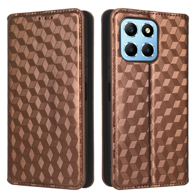 For Honor 70 Lite 5G / X6 4G / Honor Play6C / X8 5G Rhombus Pattern Imprinted Magnetic Closure Phone Cover PU Leather Flip Wallet Stand Drop-proof Phone Case - Brown
