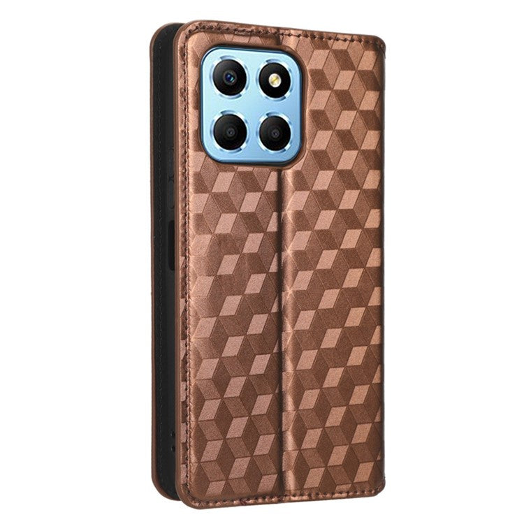 For Honor 70 Lite 5G / X6 4G / Honor Play6C / X8 5G Rhombus Pattern Imprinted Magnetic Closure Phone Cover PU Leather Flip Wallet Stand Drop-proof Phone Case - Brown