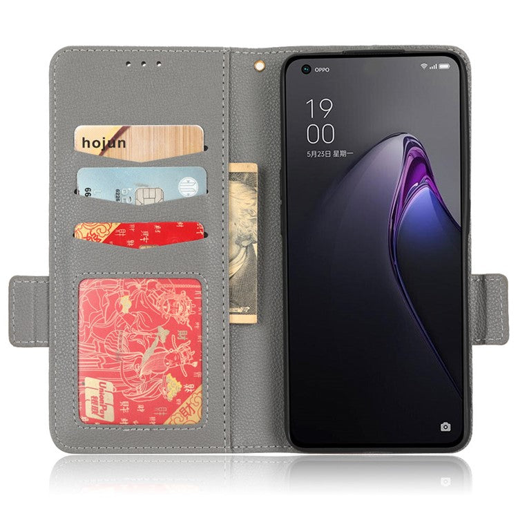 PU Leather Magnetic Clasp Phone Case For Oppo Reno8 5G (Global Version) Litchi Texture Protective Phone Cover with Stand Wallet - Grey