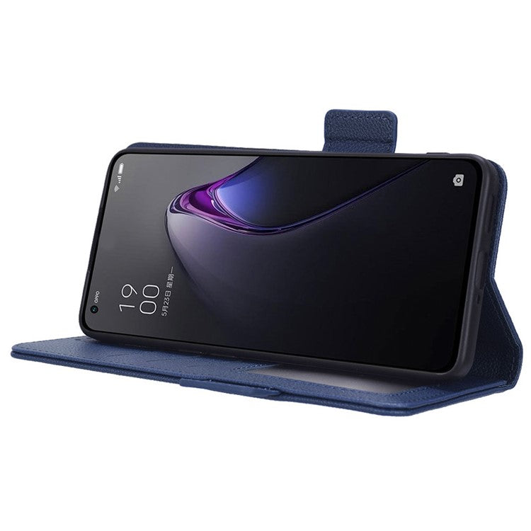 PU Leather Magnetic Clasp Phone Case For Oppo Reno8 5G (Global Version) Litchi Texture Protective Phone Cover with Stand Wallet - Dark Blue