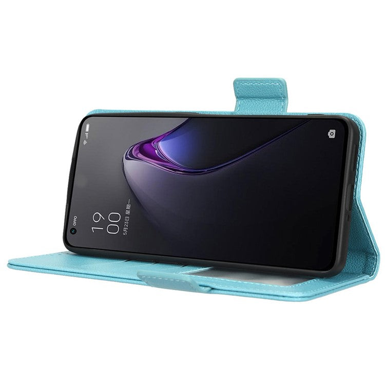 PU Leather Magnetic Clasp Phone Case For Oppo Reno8 5G (Global Version) Litchi Texture Protective Phone Cover with Stand Wallet - Baby Blue