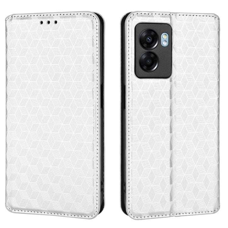 For OnePlus Nord N300 5G Rhombus Pattern Imprinted Magnetic Closure Stand Cover PU Leather Flip Wallet Phone Case - Silver