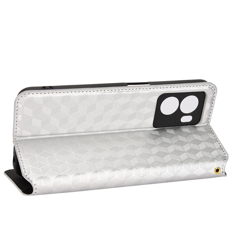 For OnePlus Nord N300 5G Rhombus Pattern Imprinted Magnetic Closure Stand Cover PU Leather Flip Wallet Phone Case - Silver