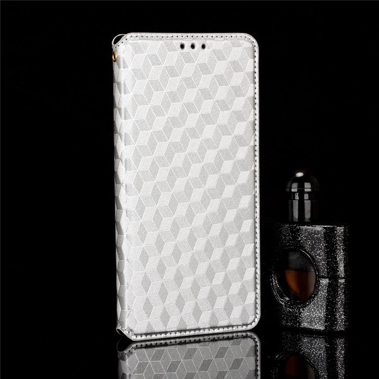 For OnePlus Nord N300 5G Rhombus Pattern Imprinted Magnetic Closure Stand Cover PU Leather Flip Wallet Phone Case - Silver
