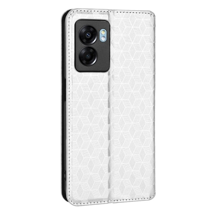 For OnePlus Nord N300 5G Rhombus Pattern Imprinted Magnetic Closure Stand Cover PU Leather Flip Wallet Phone Case - Silver
