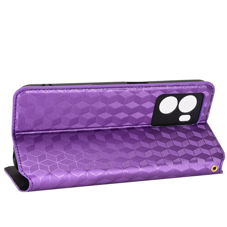 For OnePlus Nord N300 5G Rhombus Pattern Imprinted Magnetic Closure Stand Cover PU Leather Flip Wallet Phone Case - Purple