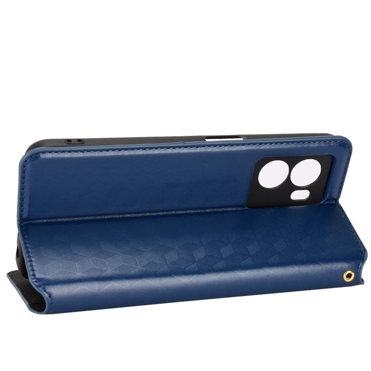 For OnePlus Nord N300 5G Rhombus Pattern Imprinted Magnetic Closure Stand Cover PU Leather Flip Wallet Phone Case - Blue