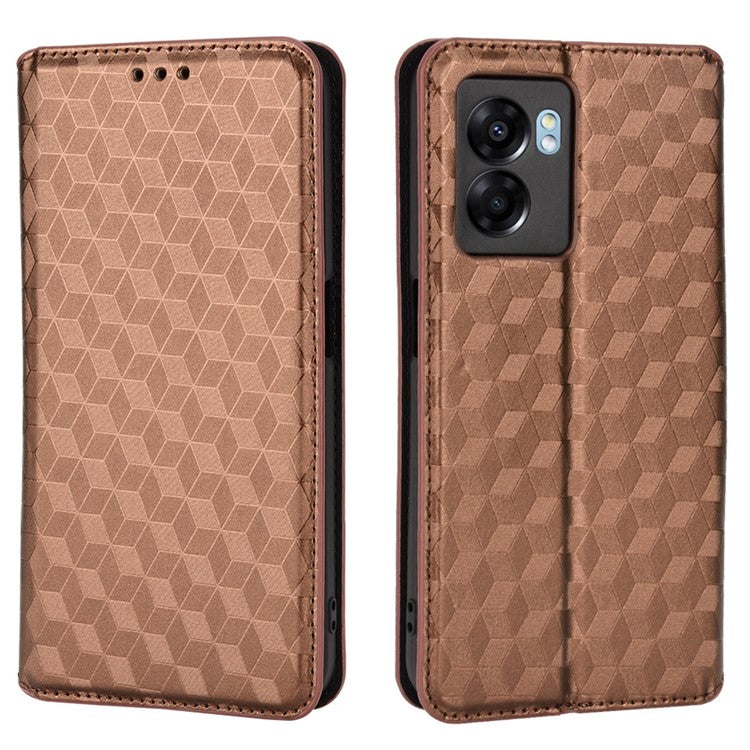 For OnePlus Nord N300 5G Rhombus Pattern Imprinted Magnetic Closure Stand Cover PU Leather Flip Wallet Phone Case - Brown