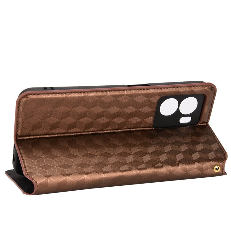 For OnePlus Nord N300 5G Rhombus Pattern Imprinted Magnetic Closure Stand Cover PU Leather Flip Wallet Phone Case - Brown
