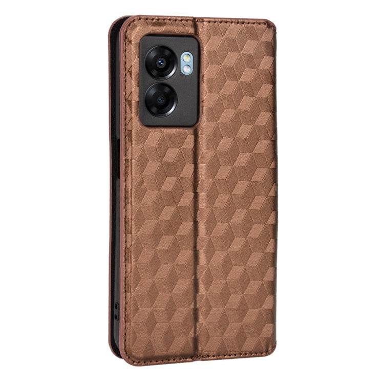 For OnePlus Nord N300 5G Rhombus Pattern Imprinted Magnetic Closure Stand Cover PU Leather Flip Wallet Phone Case - Brown