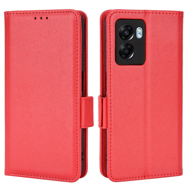 For OnePlus Nord N300 5G Cell Phone Cover Litchi Texture TPU+PU Leather Stand Wallet Case with Side Magnetic Clasps - Red