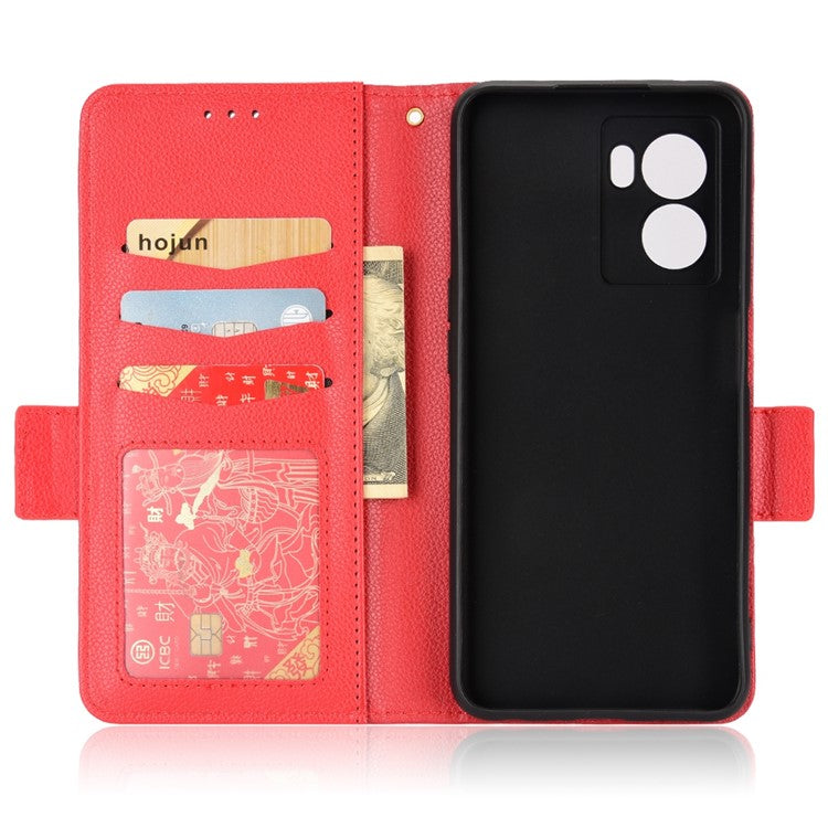 For OnePlus Nord N300 5G Cell Phone Cover Litchi Texture TPU+PU Leather Stand Wallet Case with Side Magnetic Clasps - Red