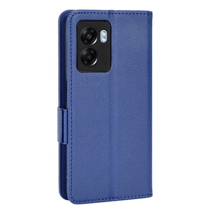 For OnePlus Nord N300 5G Cell Phone Cover Litchi Texture TPU+PU Leather Stand Wallet Case with Side Magnetic Clasps - Dark Blue