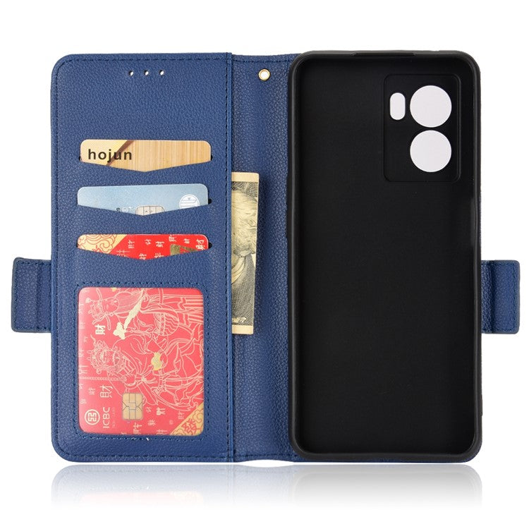 For OnePlus Nord N300 5G Cell Phone Cover Litchi Texture TPU+PU Leather Stand Wallet Case with Side Magnetic Clasps - Dark Blue
