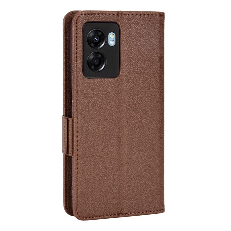 For OnePlus Nord N300 5G Cell Phone Cover Litchi Texture TPU+PU Leather Stand Wallet Case with Side Magnetic Clasps - Brown